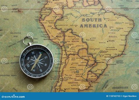 Vintage Map South America And Compas Close Up Stock Image Image Of