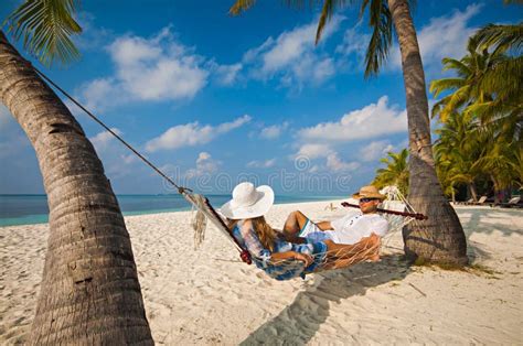 Romantic Couple Relaxing In Beach Hammock Stock Image Image Of Female