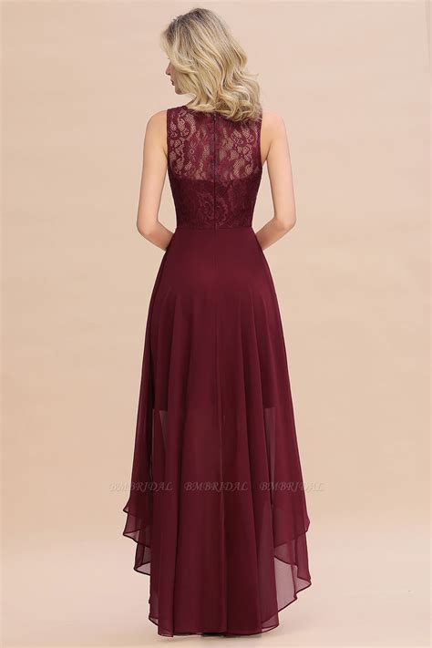 Bmbridal Affordable Hi Lo Lace Sleeveless Burgundy Chiffon Bridesmaid Dress Online Burgundy