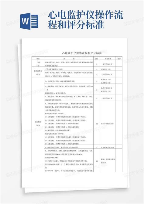 心电监护仪操作流程和评分标准word模板下载编号qkmxvodk熊猫办公