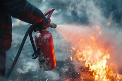 Man Using Fire Extinguisher Fighting Fire Closeup Put Out A Fire With