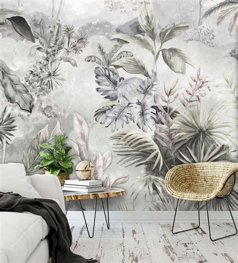 Tropical Jungle Wall Mural Hand Painted Forest Wallpaper Etsy