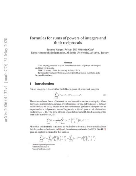 Pdf Formulas For Sums Of Powers Of Integers And Their Reciprocals