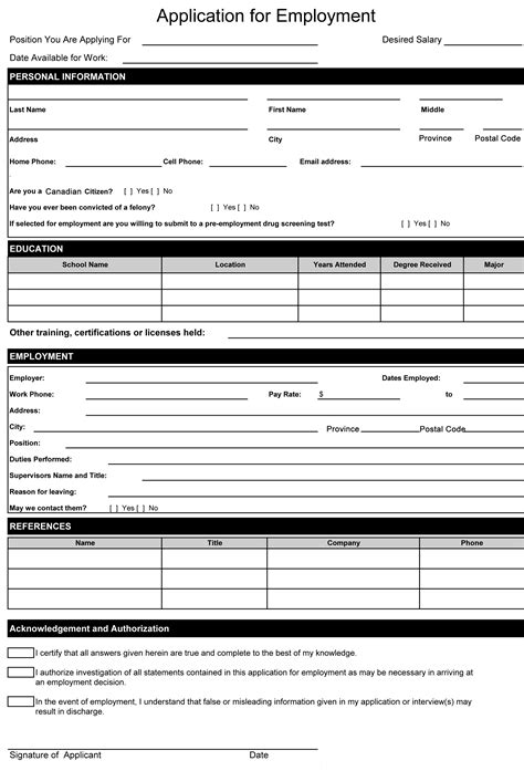 Application For Employment Form Free Printable Printable Forms Free