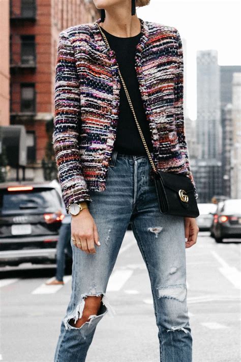 IRO Multicolored Tweed Jacket Gucci Marmont Handbag Denim Ripped Jeans