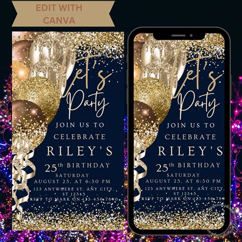 Digital Navy Gold Birthday Party Invitation Electronic Navy Blue Gold Balloons Phone Text