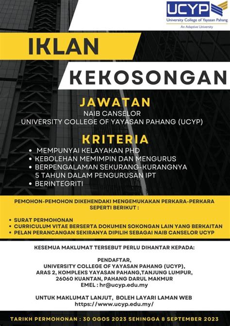 Iklan Jawatan University College Of Yayasan Pahang Jawatan Kosong Terkini