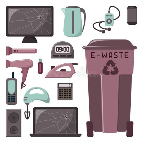 E Waste Recycling Card With Old Appliances And Dumpster Stock Vector