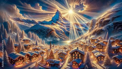 Painting Representing a Charming Christmas Village in the Alps Heavy ...