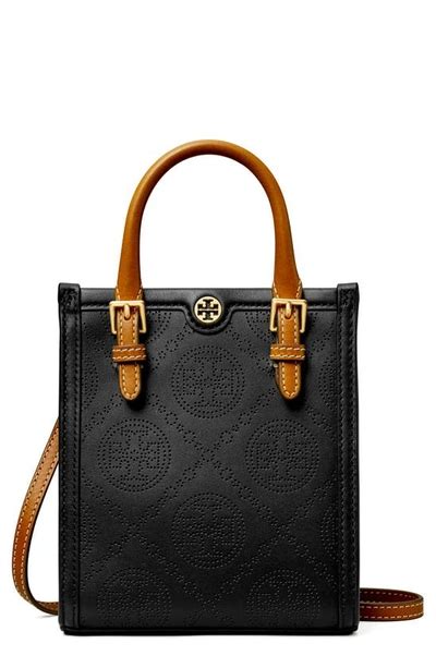 Tory Burch Mini T Monogram Perforated Leather Crossbody Tote In Blackbrass Modesens