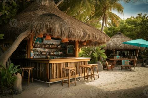 A Beachfront Bar Serving Tropical Cocktails Under A Thatched Roof