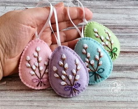 Wool Felt Easter Egg Ornament With Pussy Willow Catkins Branches Hand Embroidered Easter Gift