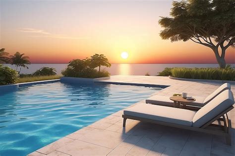 Premium Photo The Edge Of A Pool By Sunset 3d Rendering