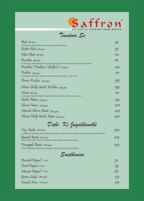 Menu At Saffron Restaurant Ahmedabad 1st Floor