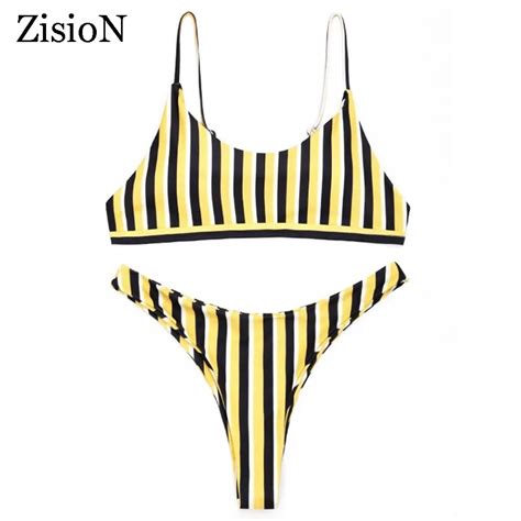 ZisioN 2018 Yellow Striped Sexy Bikinis Women Swimsuit Brazilian Bikini