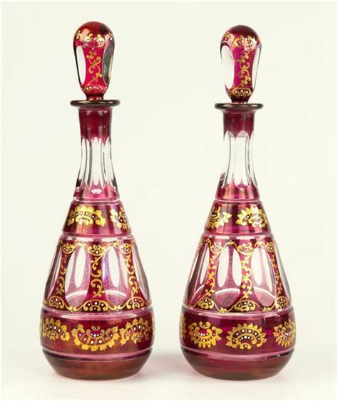 Lot A Pair Of Bohemian Gilt And Ruby Flashed Glass Decanters Late 19th Century With Panel