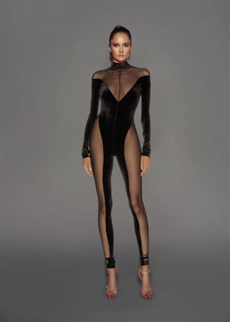 Black Sheer Panel Velvet Catsuit Fashion Catsuit Catsuit Outfit