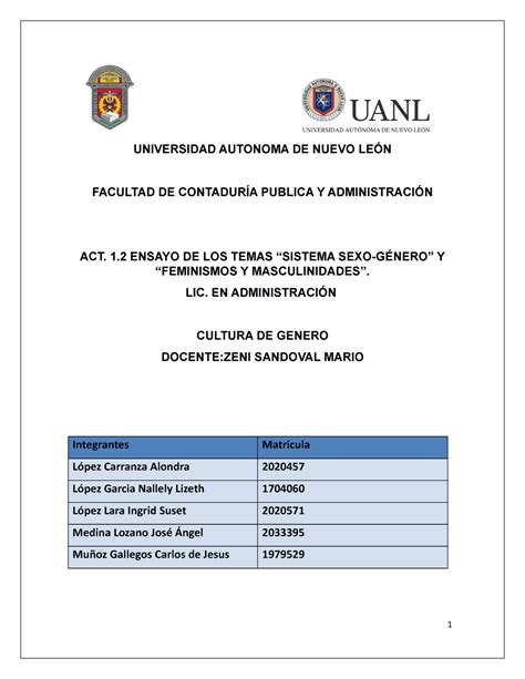 Evidencia 1 2 Cultura De Genero LBW UNIVERSIDAD AUTONOMA DE NUEVO