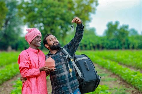 Premium Photo Indian Farming Farmer Saving Bank Employee Showing Key