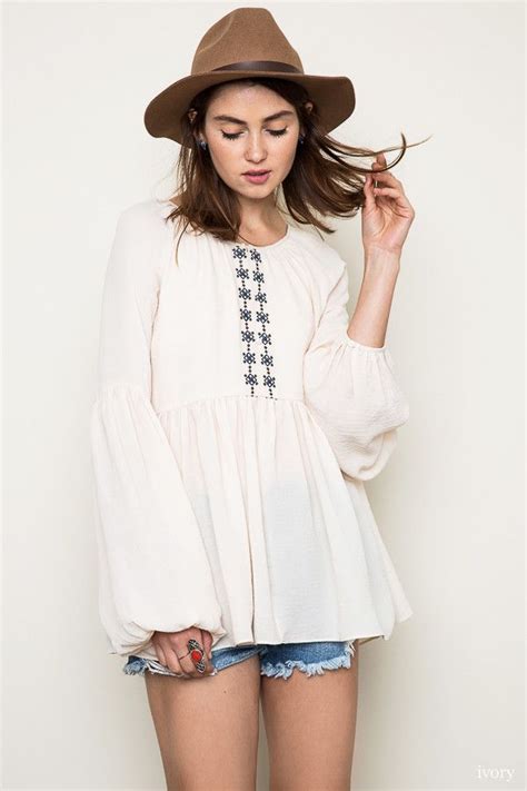 Embroidered Baby Doll Tunic Babydoll Top Tops Bohemian Chic Tops