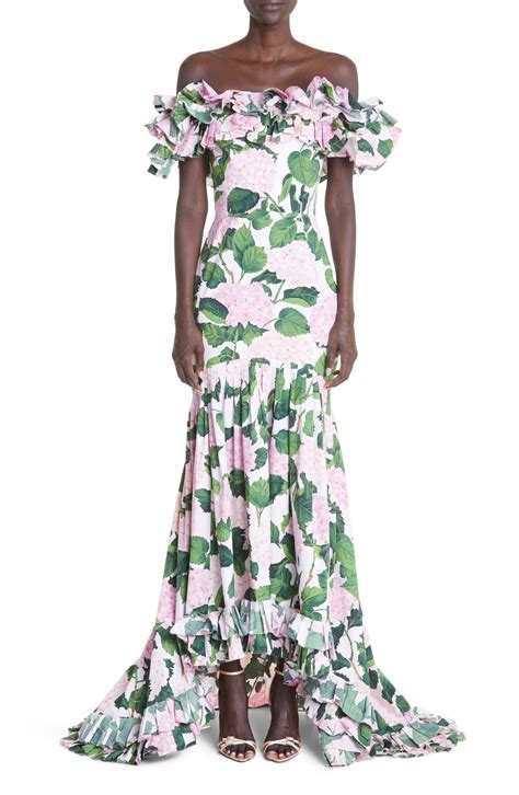 Oscar De La Renta Hydrangea Print Off The Shoulder Stretch Cotton Gown