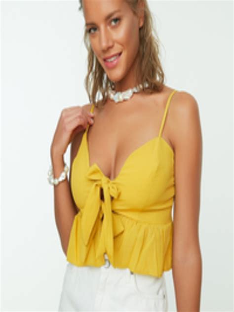 Buy Trendyol Mustard Yellow Solid Top With Tie Up Detail Tops For