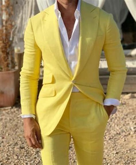 Men Linen Suits Yellow Summer Beach Suit Piece Suit One Button Slim