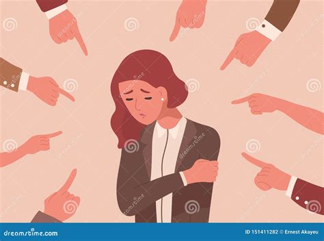 Unhappy Young Woman Surrounded By Hands With Index Fingers Pointing At