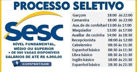 SESC ABRE PROCESSO SELETIVO DE 980 VAGAS EM ABERTO SAIBA MAIS