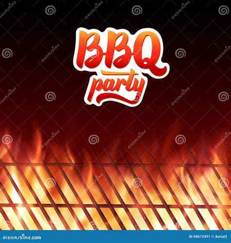 Bbq Party Text Grill And Burning Fire Flames Stock Vector