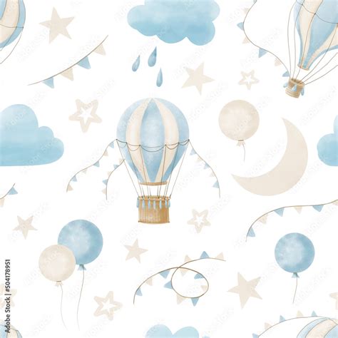 Pattern With Hot Air Balloons Clouds And Moon In The Sky Watercolor Seamless Background For