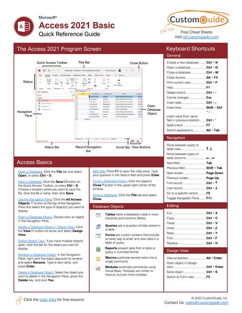 Access Basic Quick Reference Click The Topic Links For Free