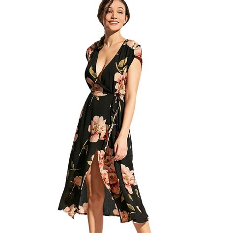 Wipalo Summer Floral Plunging Neck Wrap Beach Dress Deep V Neck Sexy