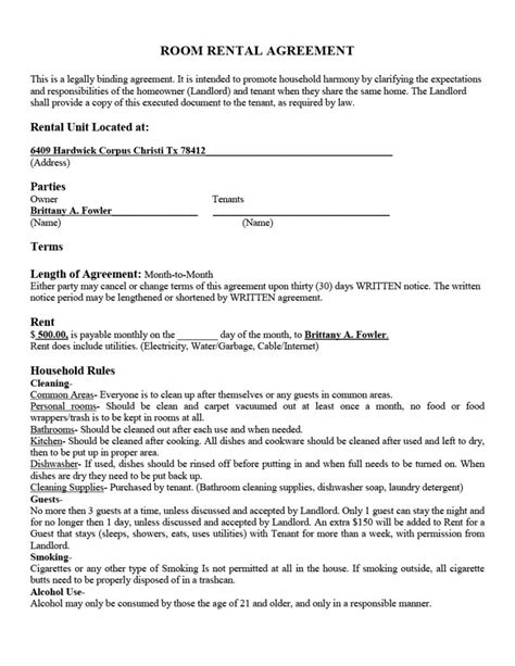 Free Printable Room Rental Agreement This Is A Legally Binding Agreement