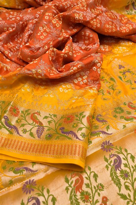 Buy Yellow And Red Color Dupion Banarasi Saree With Hand Bandhani And