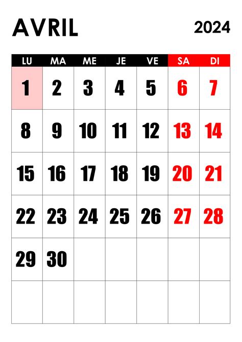 Calendrier Avril 2024 Calendriersu