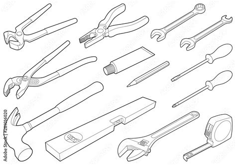 Construction Tool Collection Vector Isometric Outline Illustration Stock Vector Adobe Stock