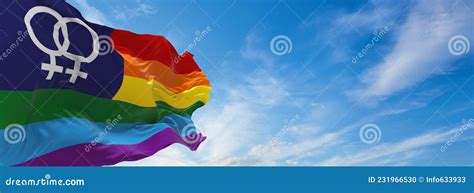 Lesbian Pride Double Venus Canton Rainbow Flag Waving In The Wind At