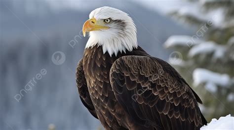 Guila Calva De Pie En La Nieve Con Colinas En El Fondo Imagen