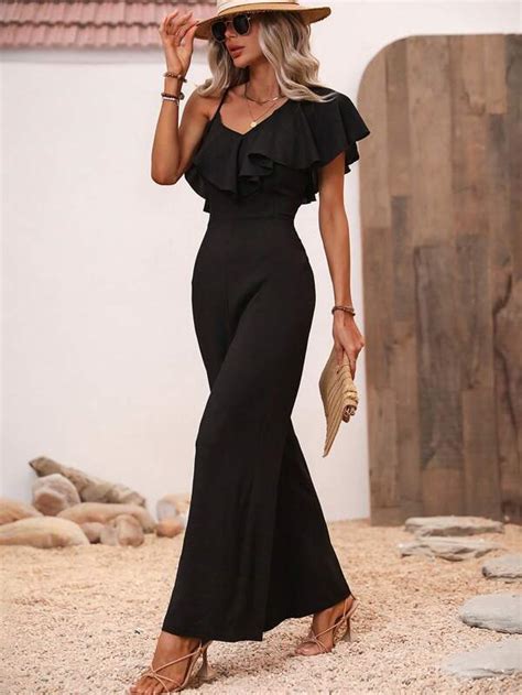 Asymmetrical Neck Ruffle Trim Wide Leg Jumpsuit Shein Uk