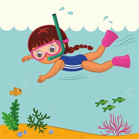 Ilustración De Vector De Una Niña Nadando Bajo El Mar Vector Premium