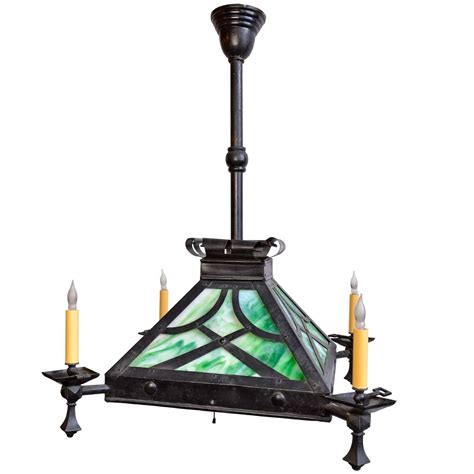 Craftsman Iron Gas Fixture With Green Slag Glass For Sale At 1stdibs