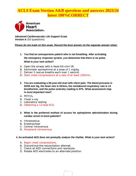 Acls Exam Version Aandb Questions And Answers 2023 24 Latest 100 Correct