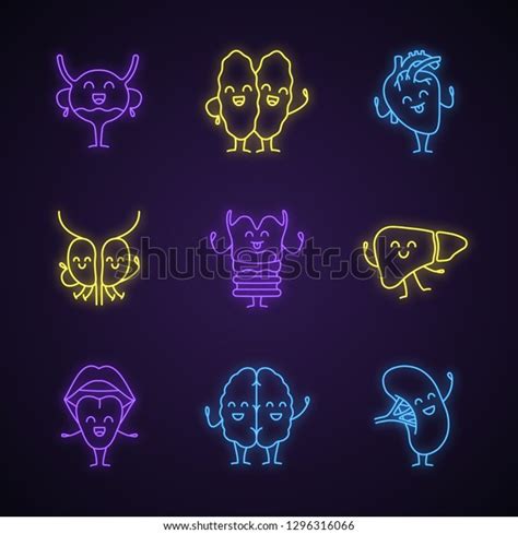 Smiling Human Internal Organs Characters Neon Stock Vector Royalty