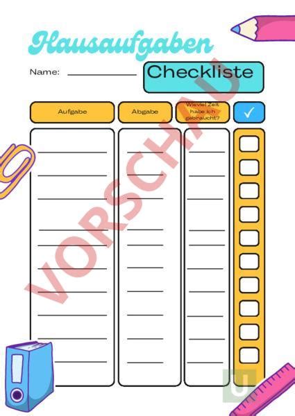 Arbeitsblatt Hausaufgaben Checkliste Administration Methodik Hilfen