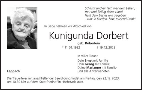 Kunigunda Dorbert Traueranzeige Trauer Infranken De