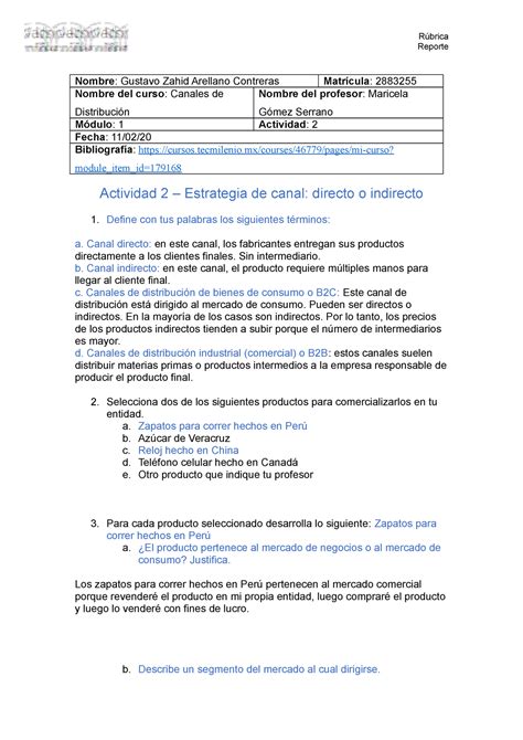 Act Actividad Canales De Distribuci N Reporte Nombre Gustavo