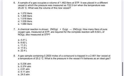 Solved 6 A Sample Of A Gas Occupies A Volume Of 1 462 Chegg