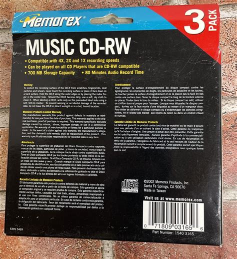 Memorex Music CD RW 3 Pack Rewritable Compact Discs 700MB 80 Min From