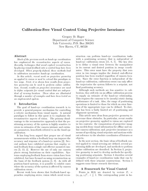 Pdf Calibration Free Visual Control Using Projective Invariance